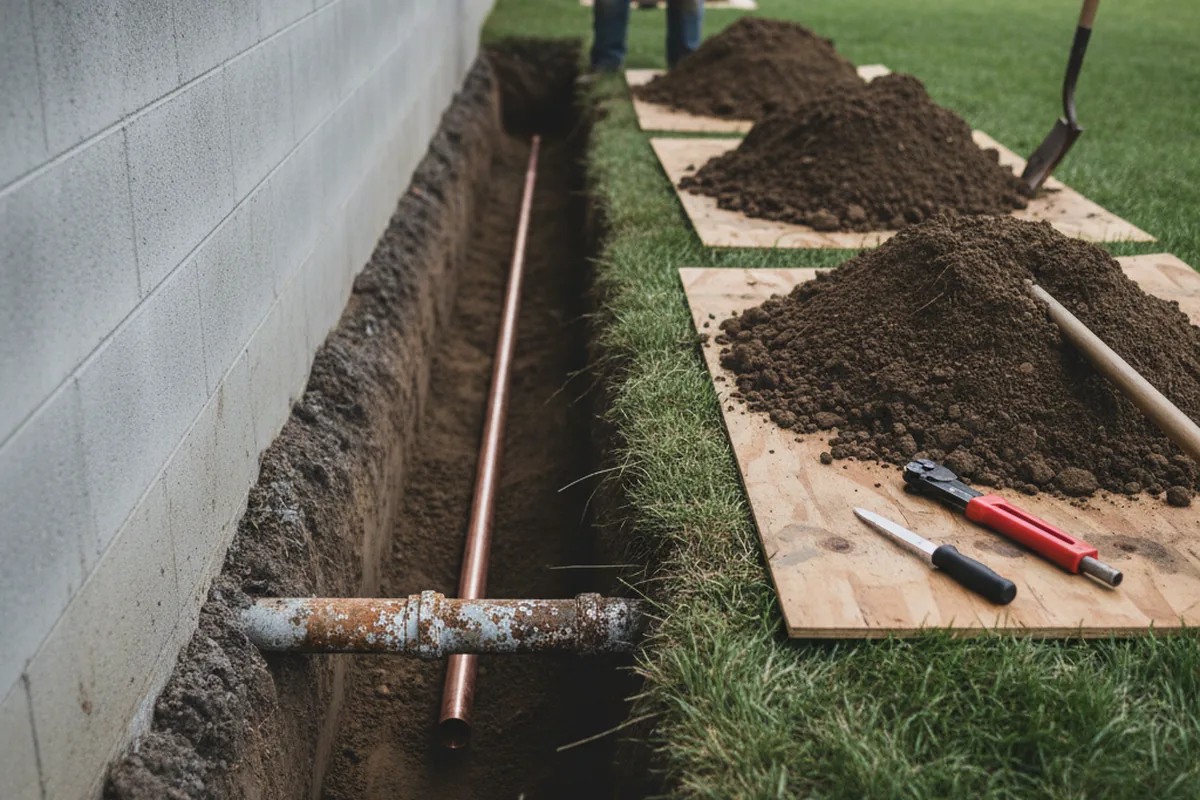 Excavated water line trench during Water Softener Installation in Philpot